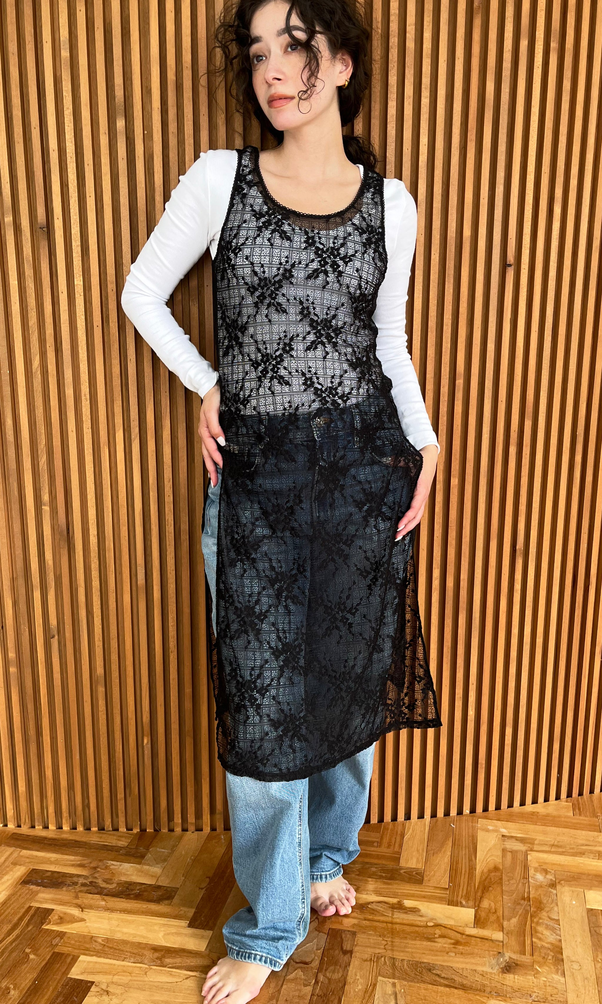 Floral Check Long Camisole | Black